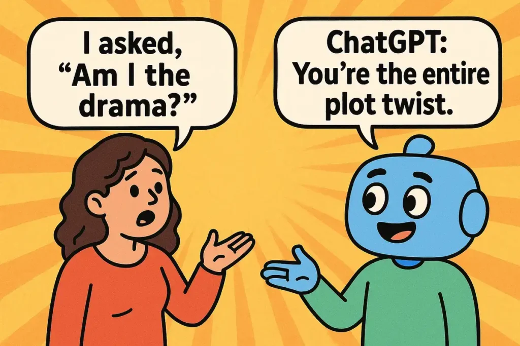 Funny ChatGPT jokes cartoon — “Am I the drama? You’re the entire plot twist.”