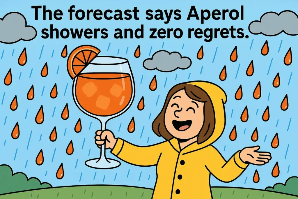 Funny cartoon with Aperol rain and woman laughing