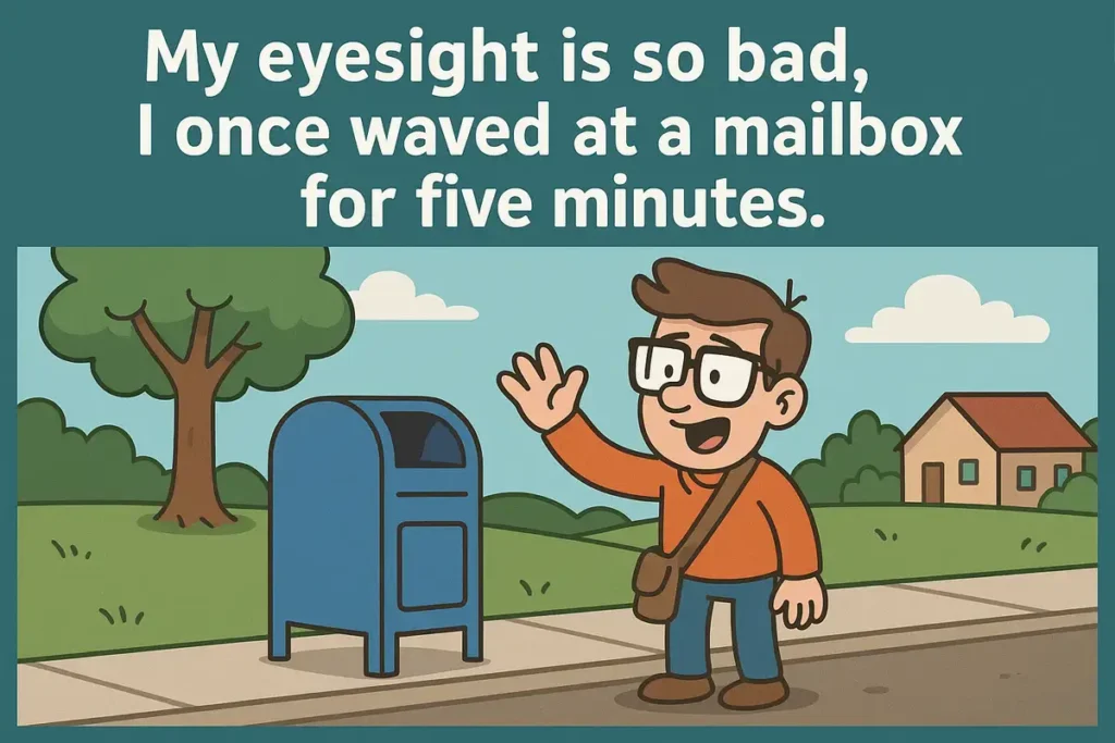 Man with glasses waving at mailbox cartoon joke.
