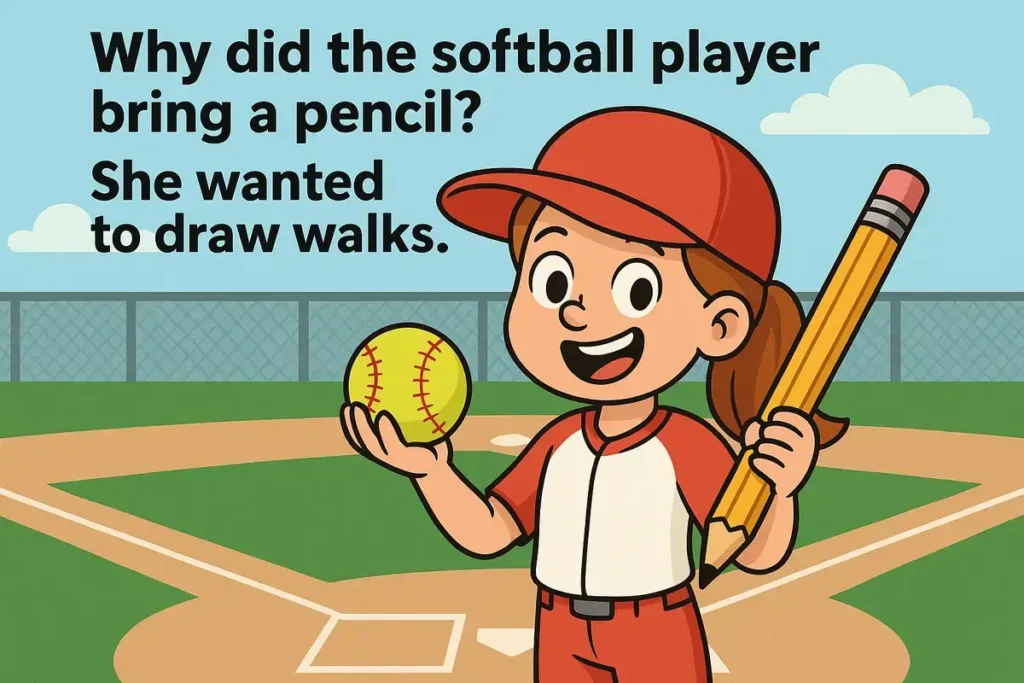 Smiling girl with pencil and ball on field, baseball jokes for kids