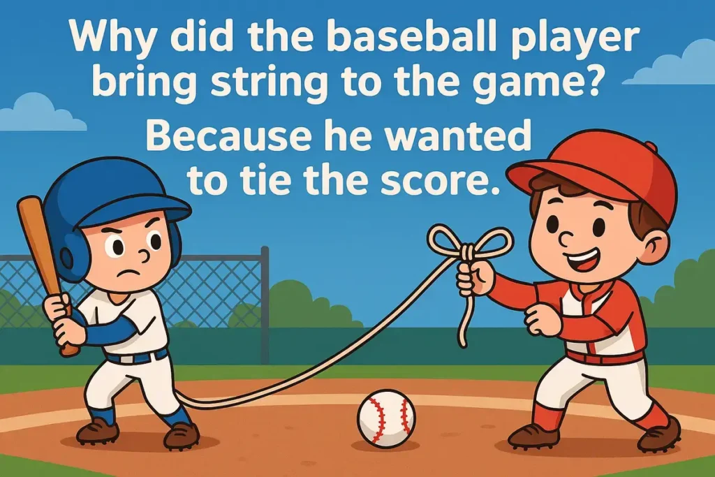 Cartoon kids telling baseball jokes for kids, tying the score with string.