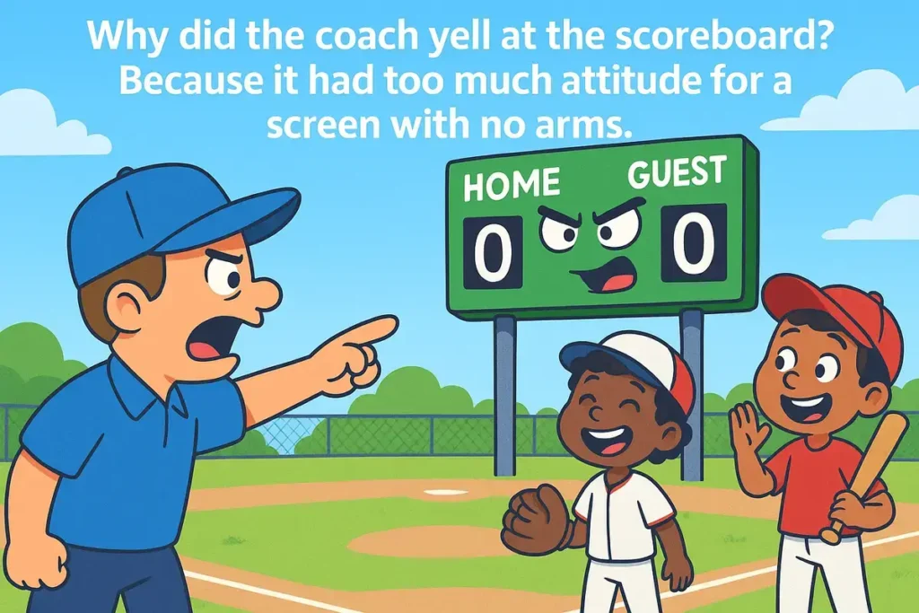Cartoon of coach yelling at funny scoreboard