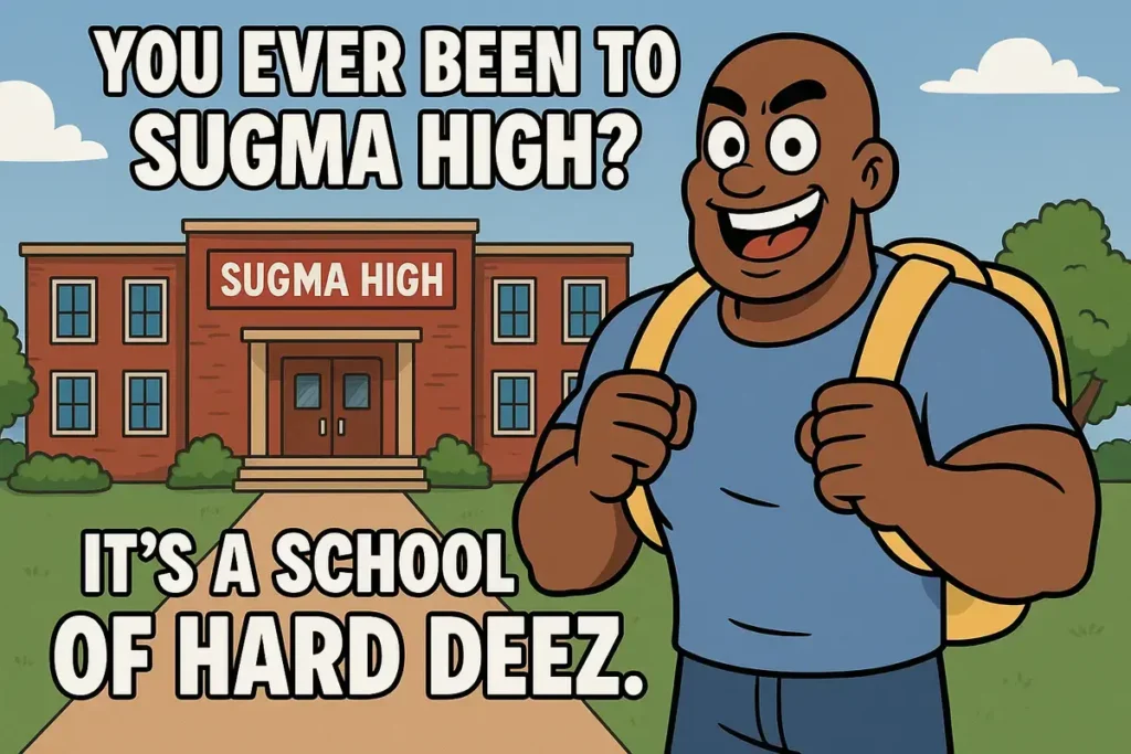 Funny Sugma High cartoon with text for best Deez Nuts jokes