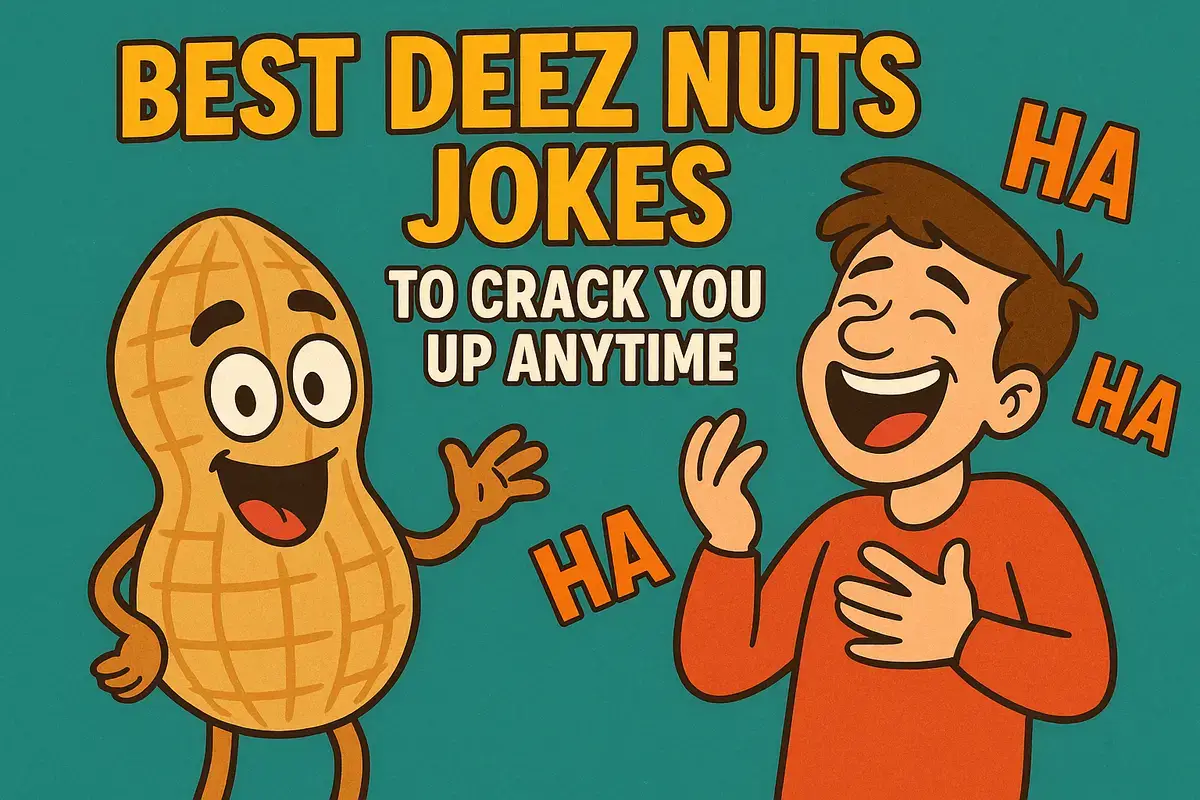 Cartoon peanut and laughing man with text promoting best Deez Nuts jokes