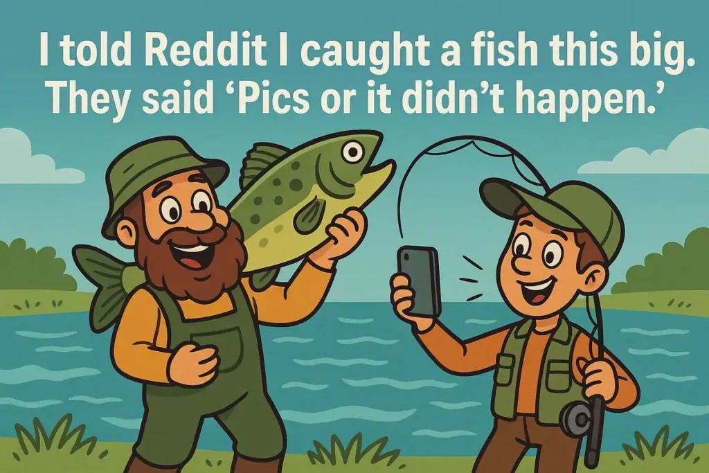Cartoon of two fishermen showing huge catch with text 'I told Reddit I caught a fish this big', best fishing jokes