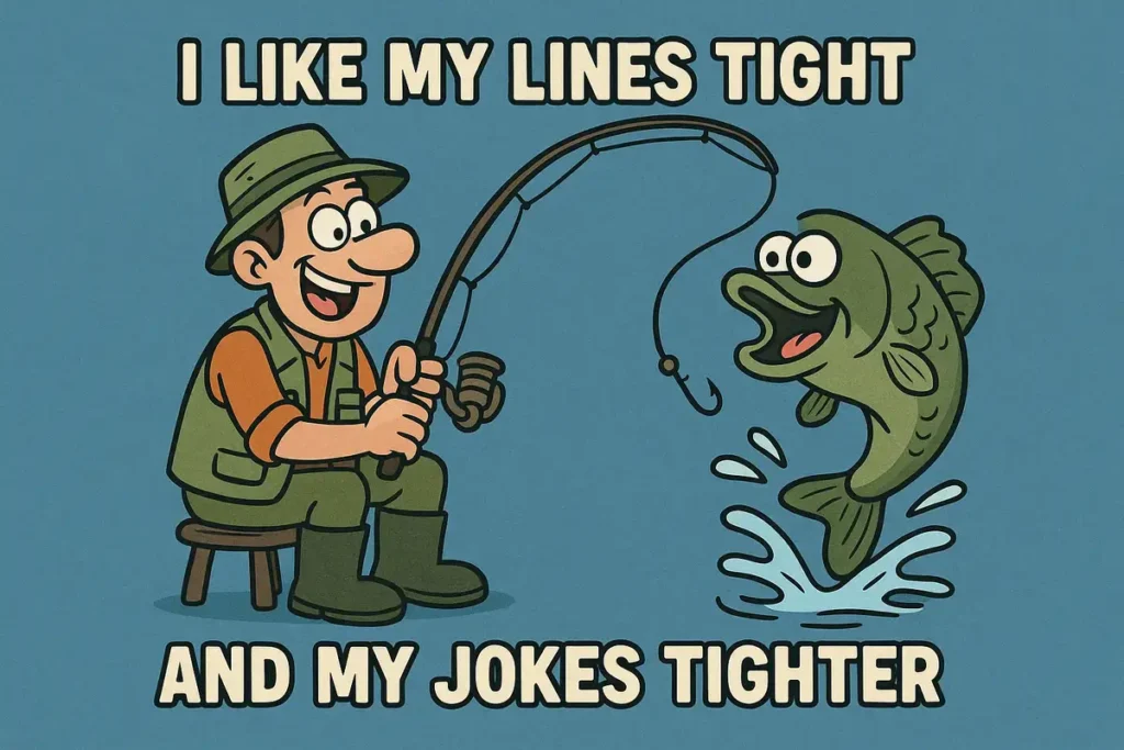 Cartoon fisherman hooking a jumping fish with caption 'I like my lines tight and my jokes tighter' – best fishing jokes