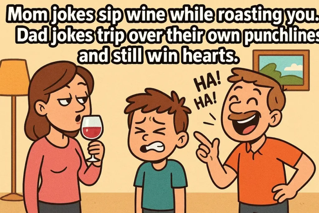 best flirty dad jokes cartoon of mom sipping wine and dad cracking jokes