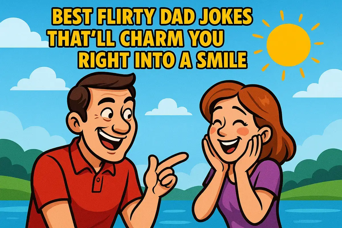 Funny cartoon showing best flirty dad jokes moment outdoors