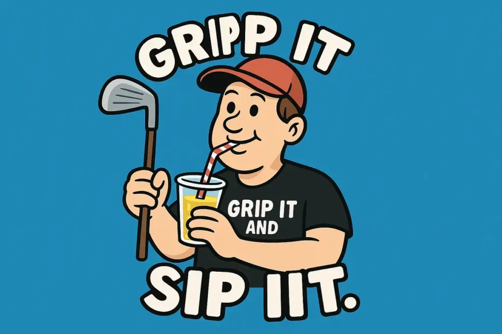 Funny cartoon golfer with drink and club, text "Grip it and sip it" — best funny golf jokes.