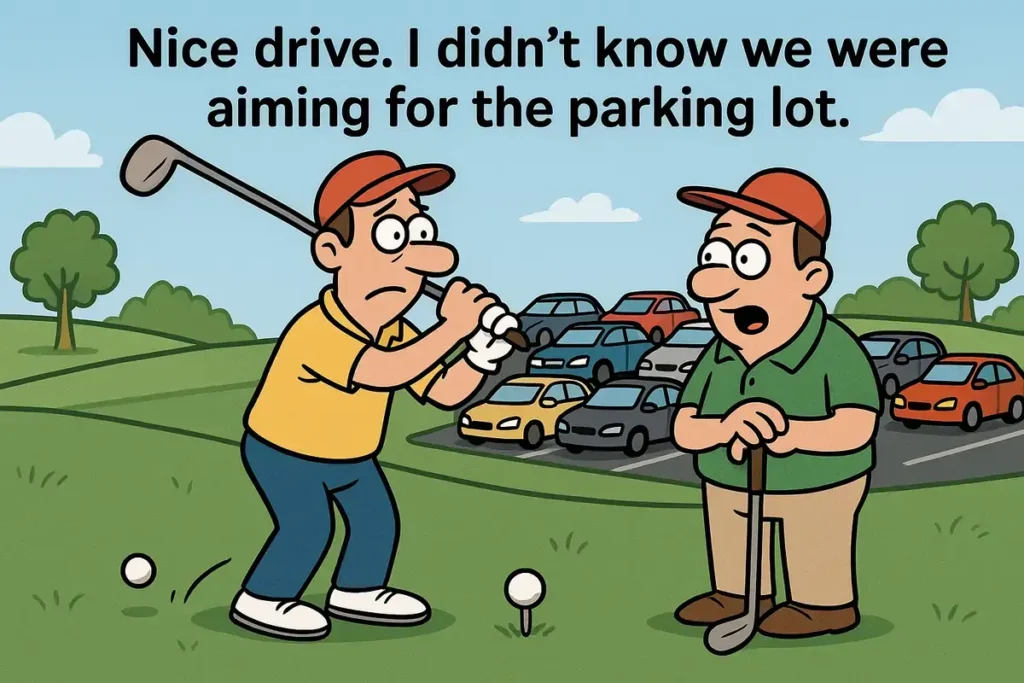 Best funny golf jokes cartoon with golfers joking about hitting into parking lot