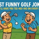 Ultra cartoonish golfers laughing with text overlay — best funny golf jokes