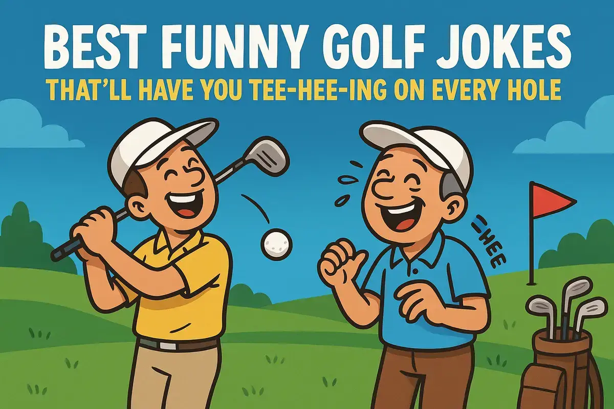 Ultra cartoonish golfers laughing with text overlay — best funny golf jokes