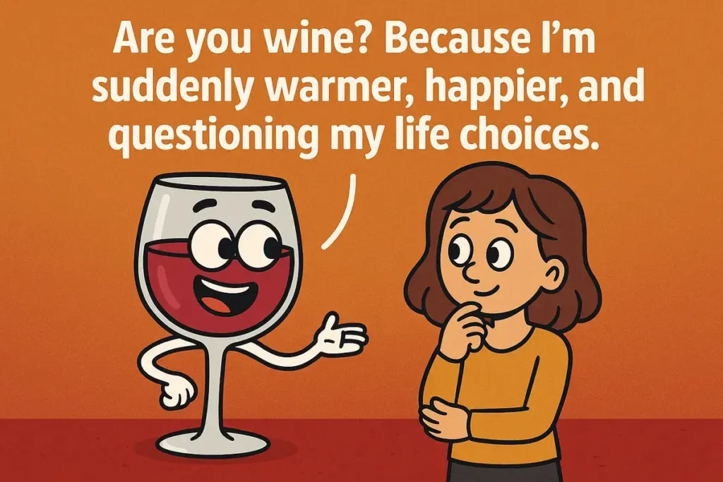 Cartoon wine pun with glass saying are you wine to a woman, best funny rizz jokes.