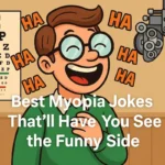 Cartoon man laughing in eye clinic with best myopia jokes