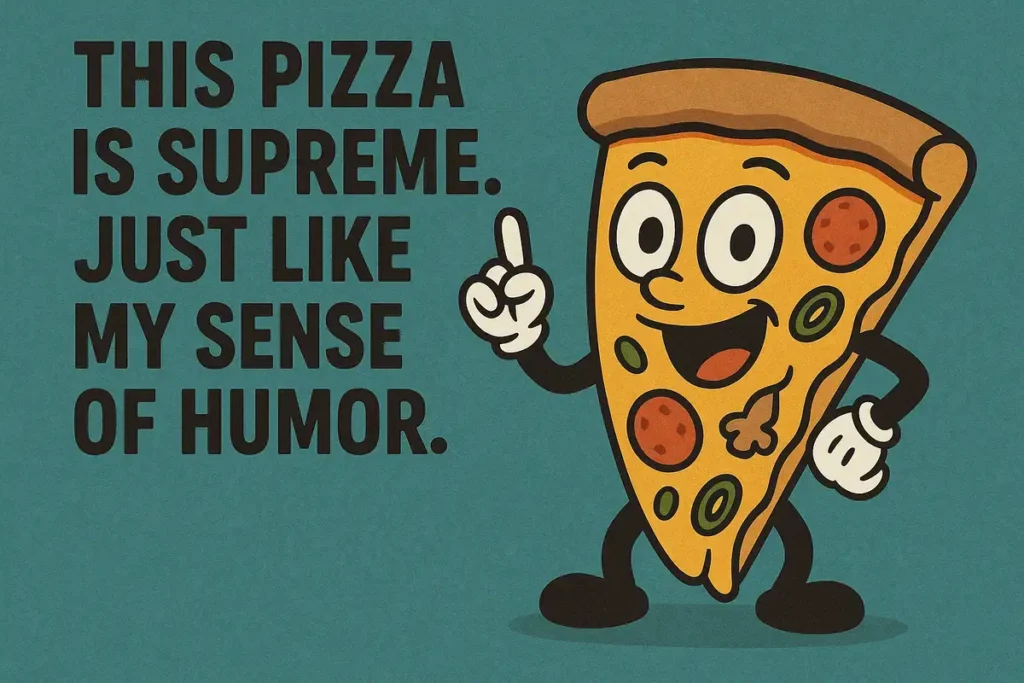 supreme pizza slice with funny quote for best pizza jokes