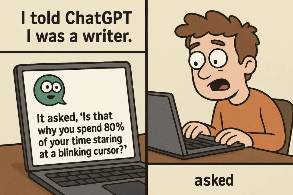 Funny ChatGPT jokes cartoon about writer staring at blinking cursor