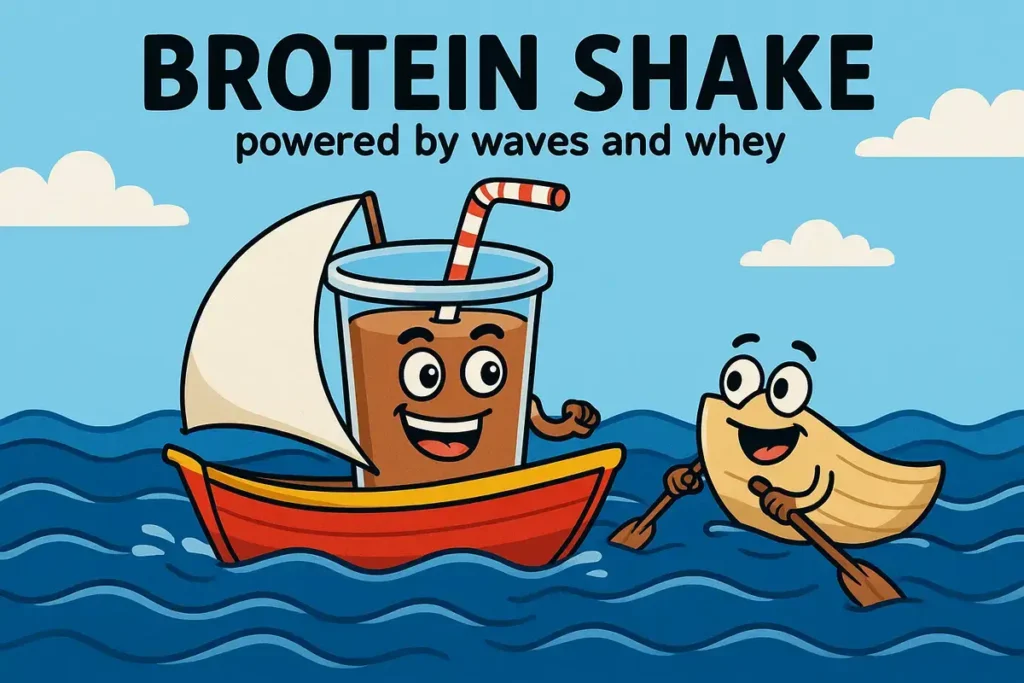 Cartoon brotein shake in boat with waves and whey pun