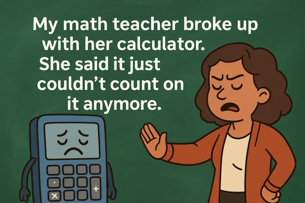 Math teacher breaking up with sad calculator – funny teacher jokes cartoon