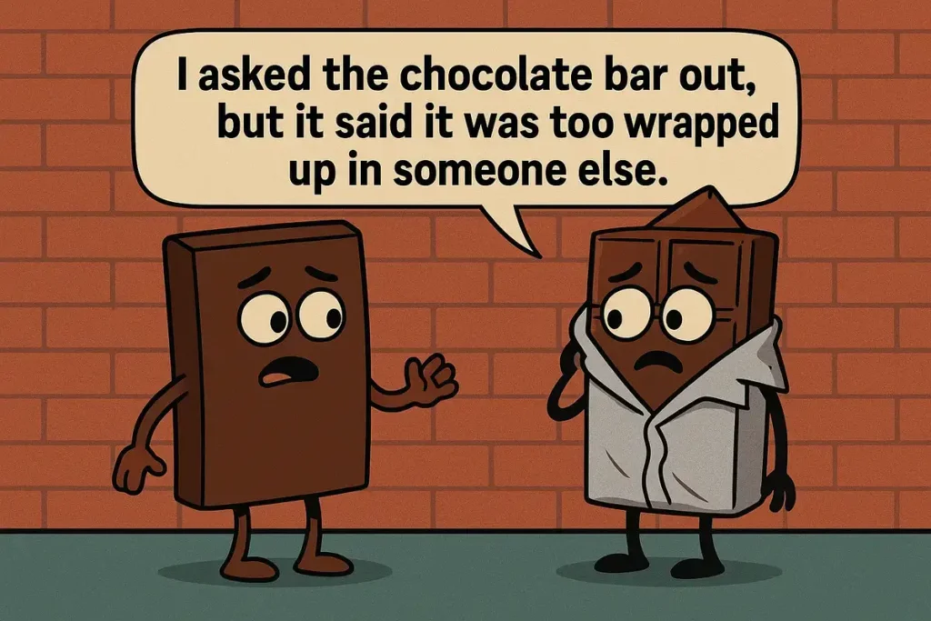 Funny candy jokes cartoon of chocolate bar saying it’s too wrapped up in someone else