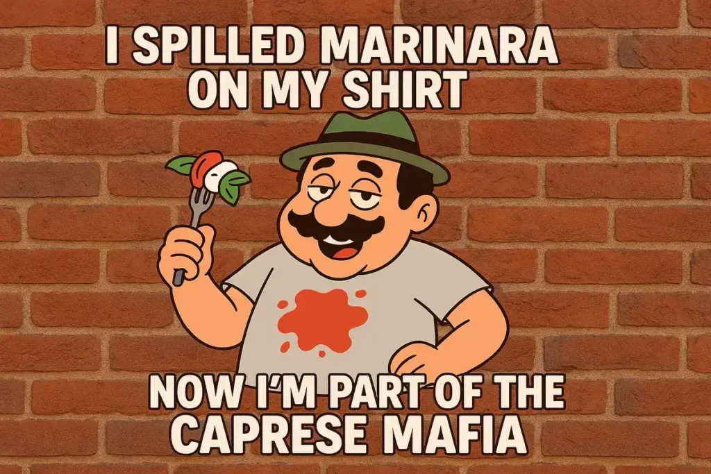 funny italian cartoon character with marinara stain and caption