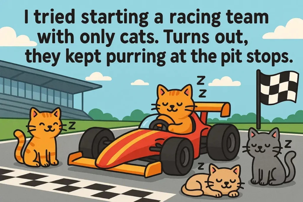 cartoon cats in race car pitstop for racing jokes