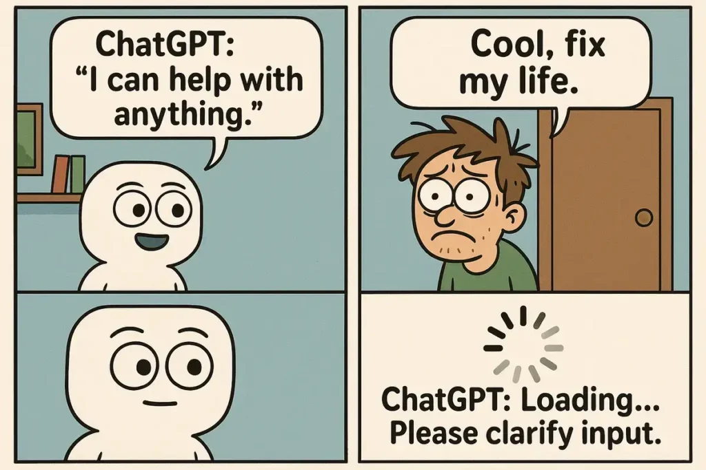 ChatGPT joke cartoon about fixing life request