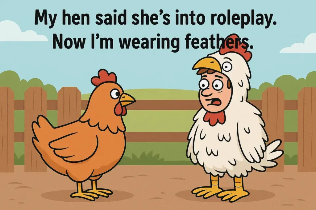 Funny cartoon chicken jokes roleplay man in feathers