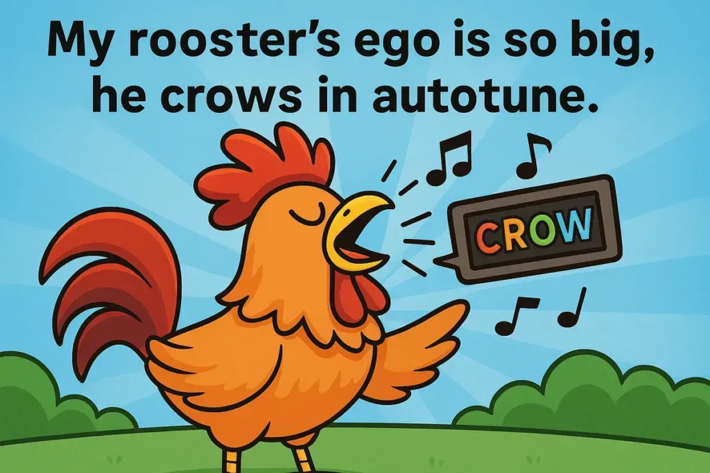 Cartoon rooster crowing in autotune – perfect for chicken jokes.