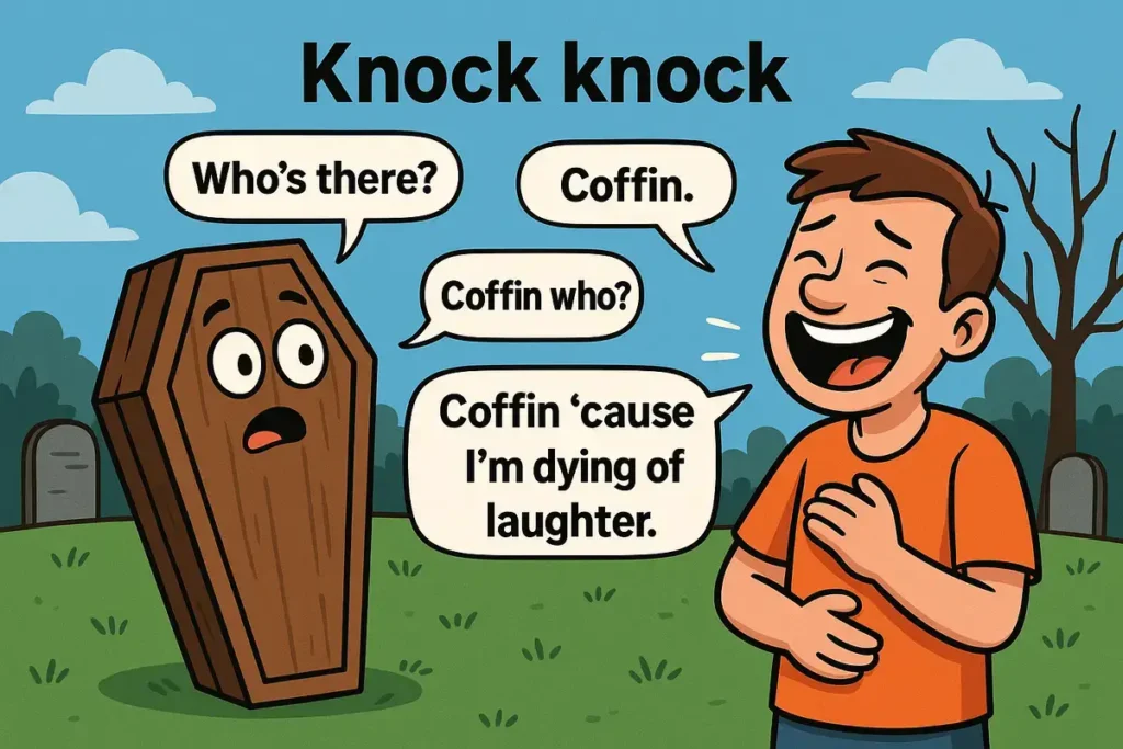 Funny cartoon coffin dying of laughter