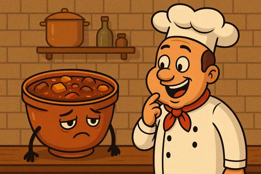 cartoon stew pot with expressive face and layers