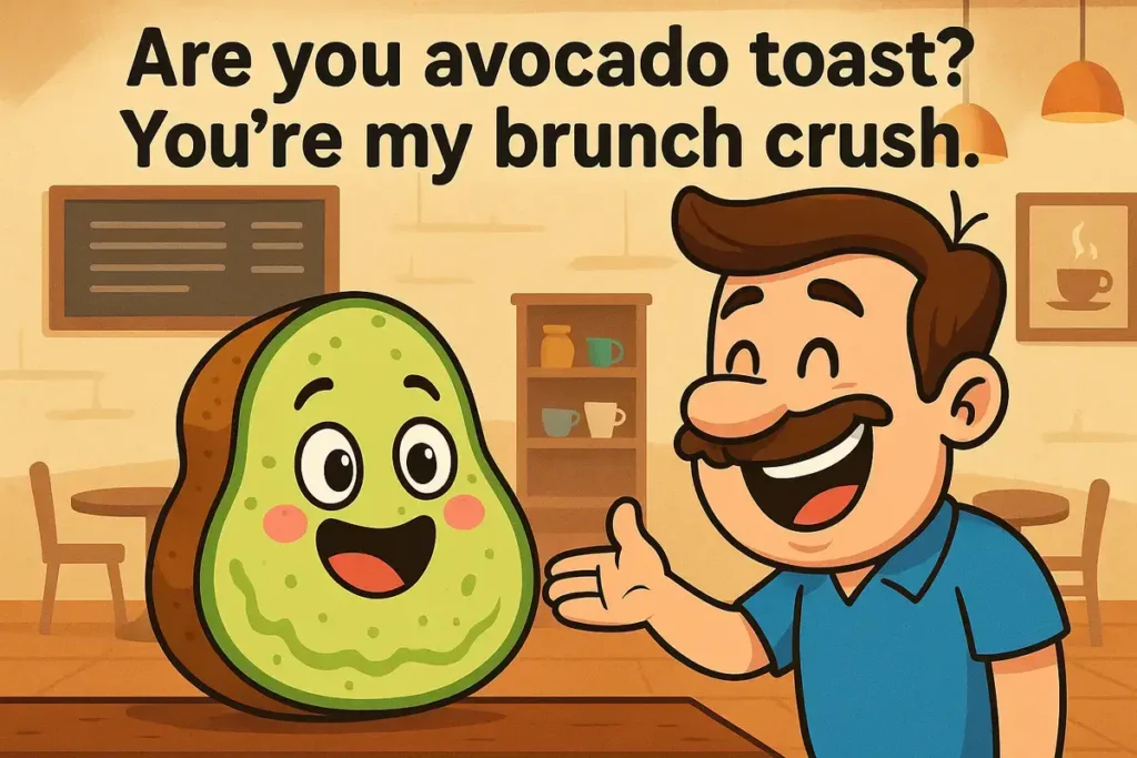 funny dad cartoon saying brunch pun with avocado toast, dad pick up lines