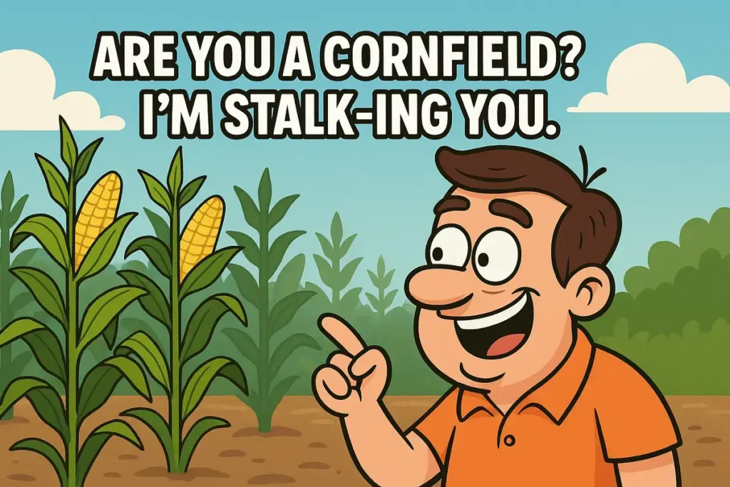 Cartoon dad in cornfield with text pun “Are you a cornfield? I’m stalk-ing you”