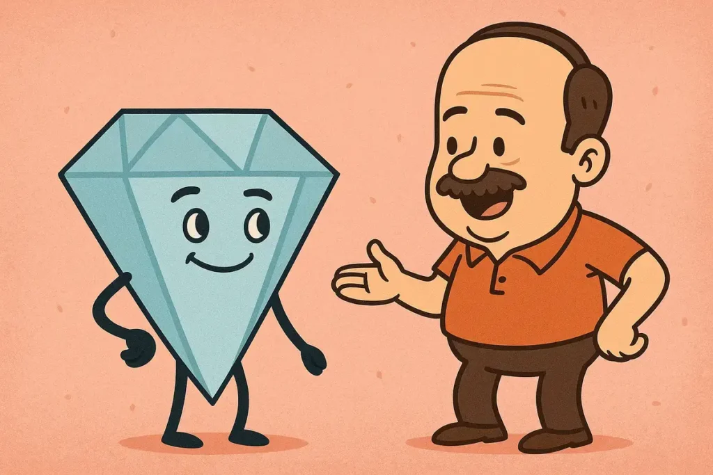 cartoon dad complimenting a smiling diamond
