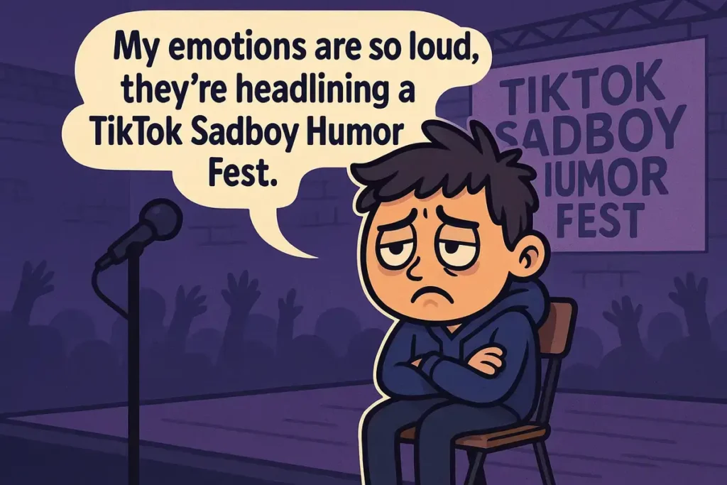Sad cartoon boy at TikTok fest with dark jokes about emos