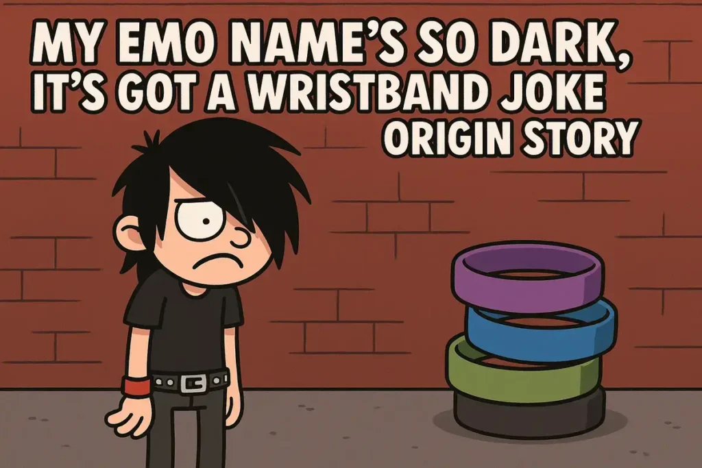Emo cartoon character with wristbands and a brick wall background delivering dark jokes about emos.