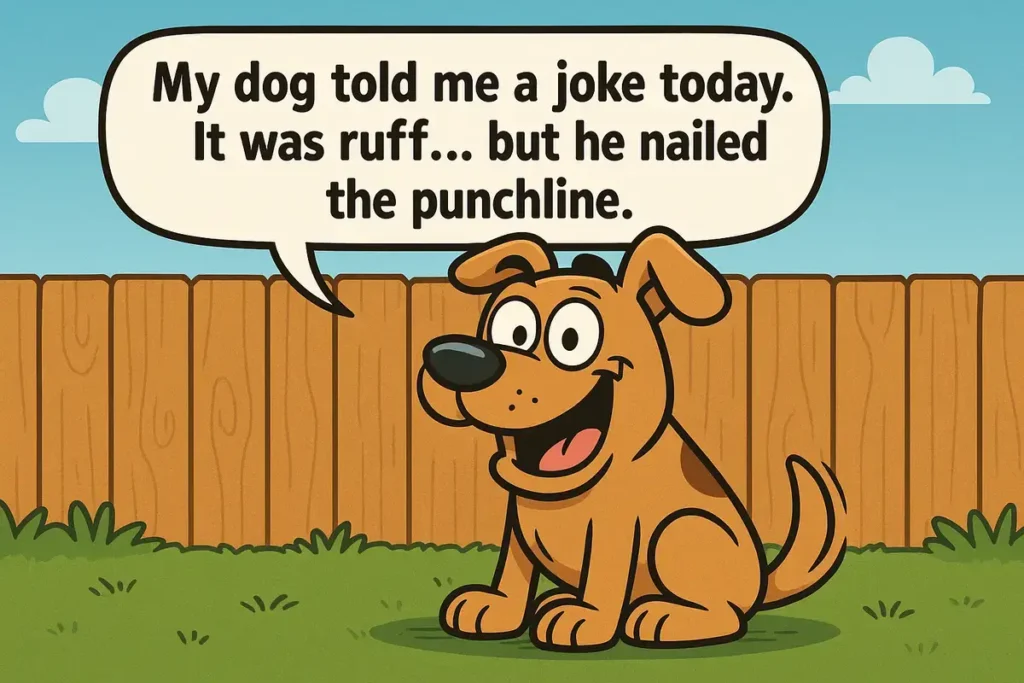 Cartoon dog tells a pun joke in backyard scene.