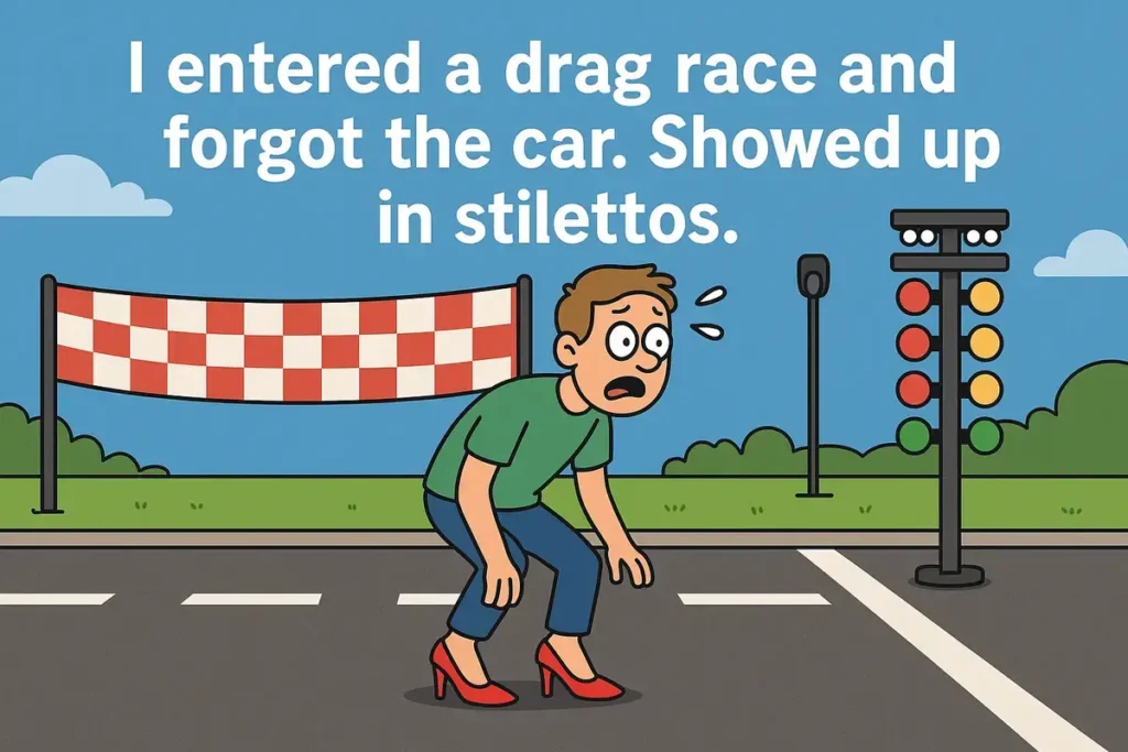 Funny racing jokes cartoon man at drag race in stilettos