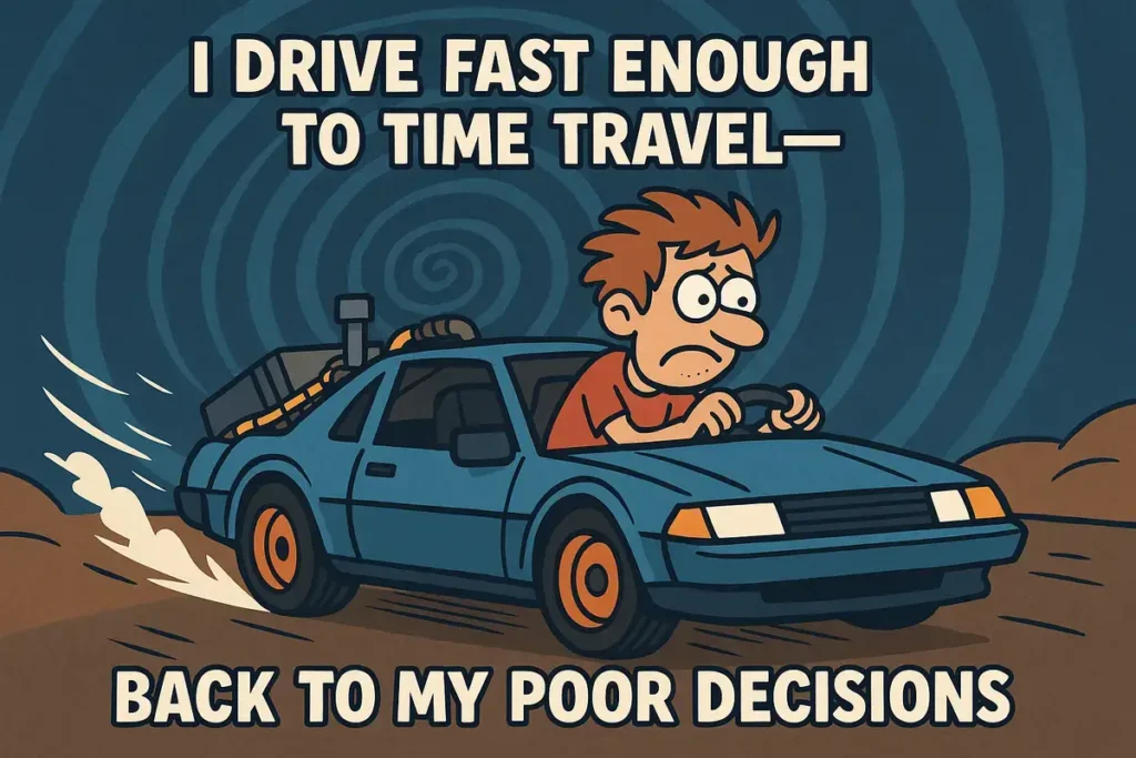 Cartoon man speeding in time-travel car, regretting decisions