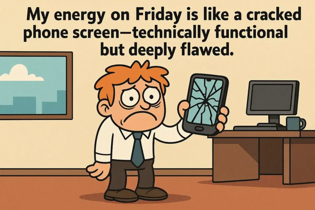 Cartoon man on Friday holding cracked phone looking exhausted.