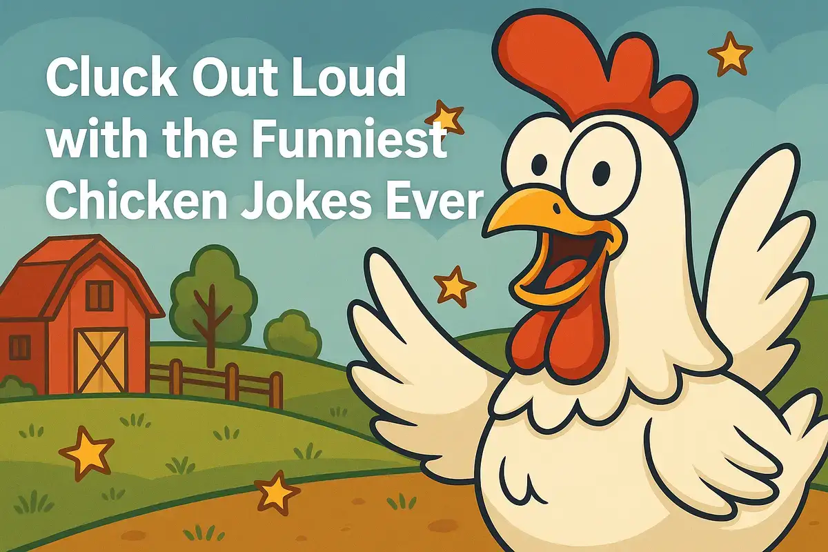 Funny cartoon chicken laughing with chicken jokes on a farm