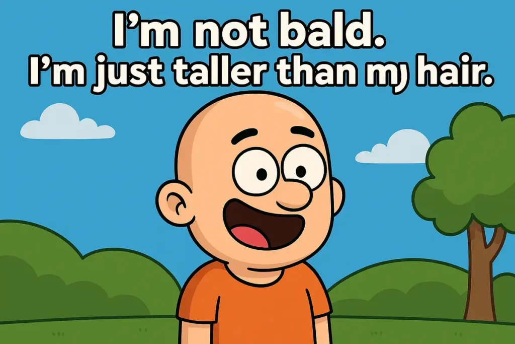 Bald cartoon character laughing with funny quote