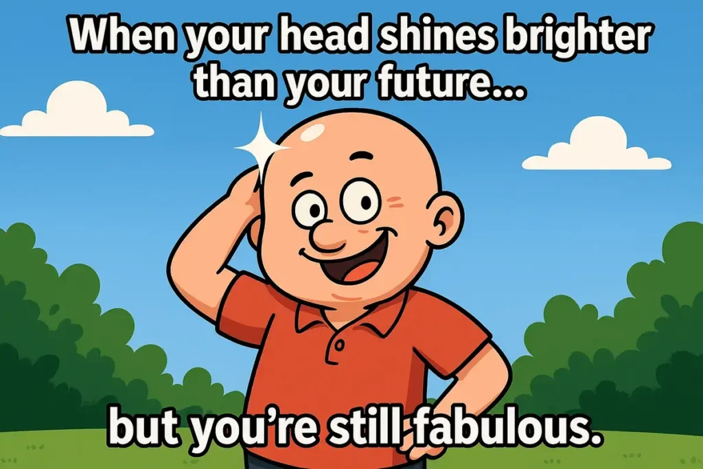 Bald cartoon man shining head with funny quote – bald jokes