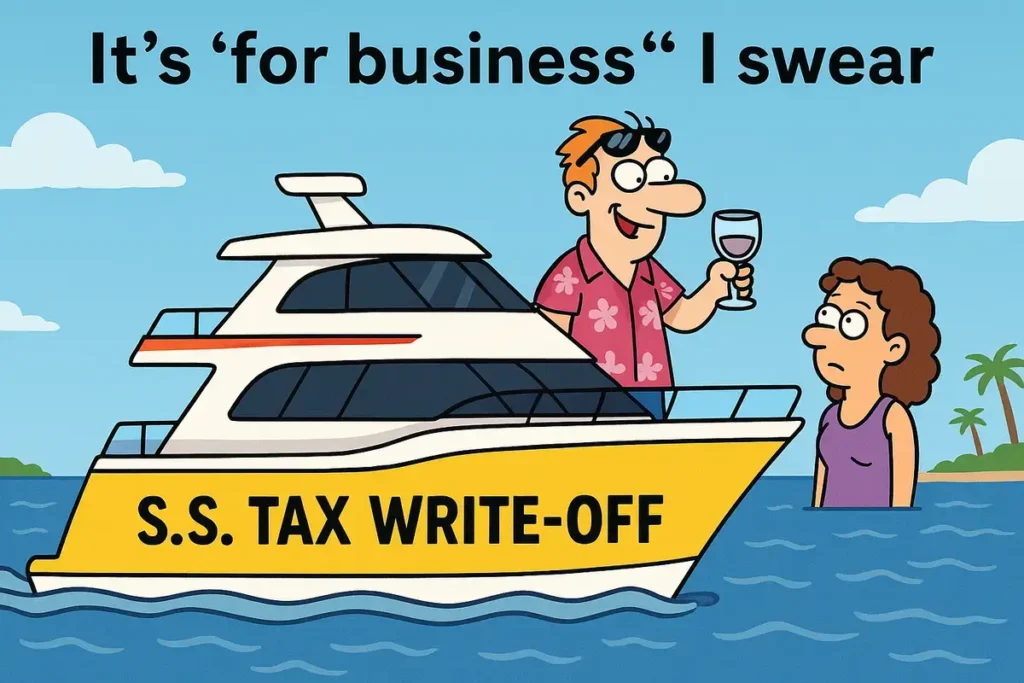 Cartoon yacht with text "S.S. Tax Write-Off" – funny boat names puns