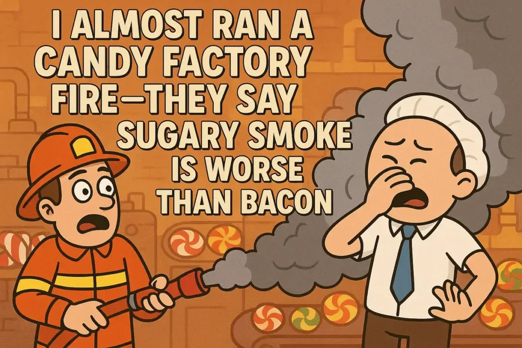 cartoon candy factory fire scene with sugary smoke and candy jokes