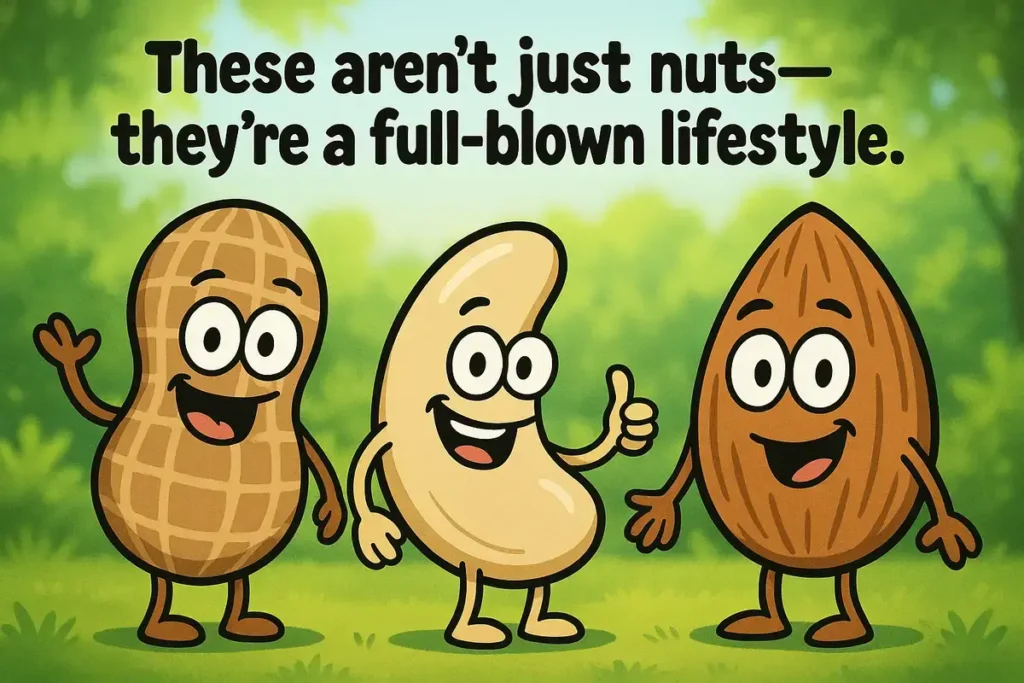 Cartoon nuts with text “These aren’t just nuts—they’re a full-blown lifestyle”