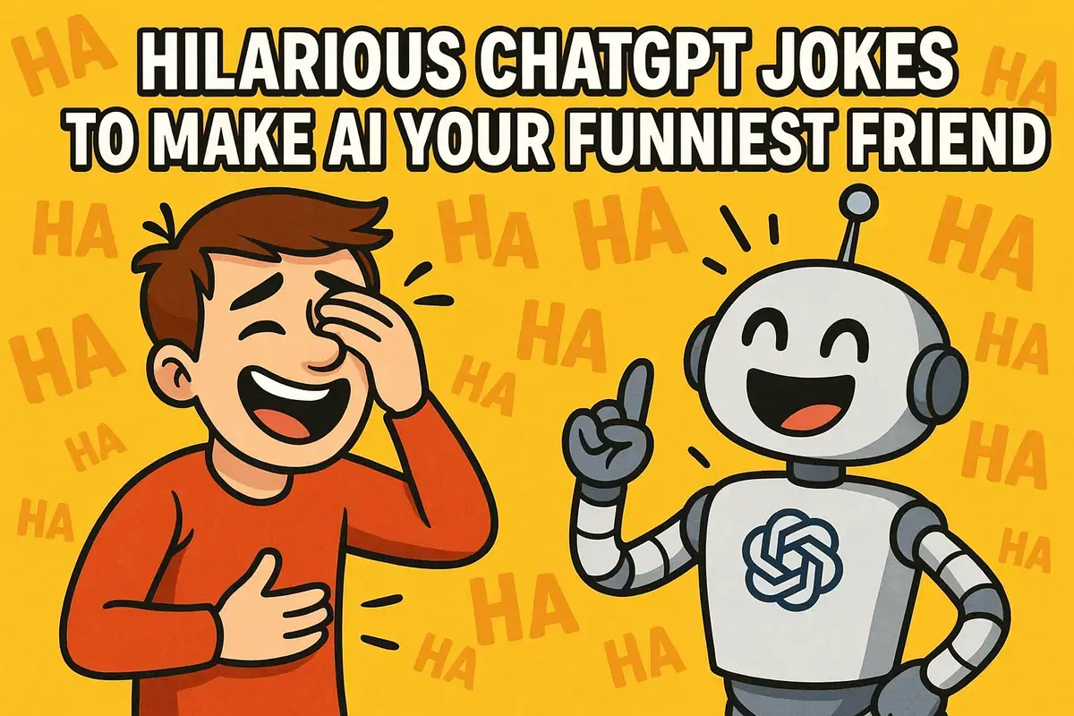Cartoon AI and human laughing together – funny ChatGPT jokes