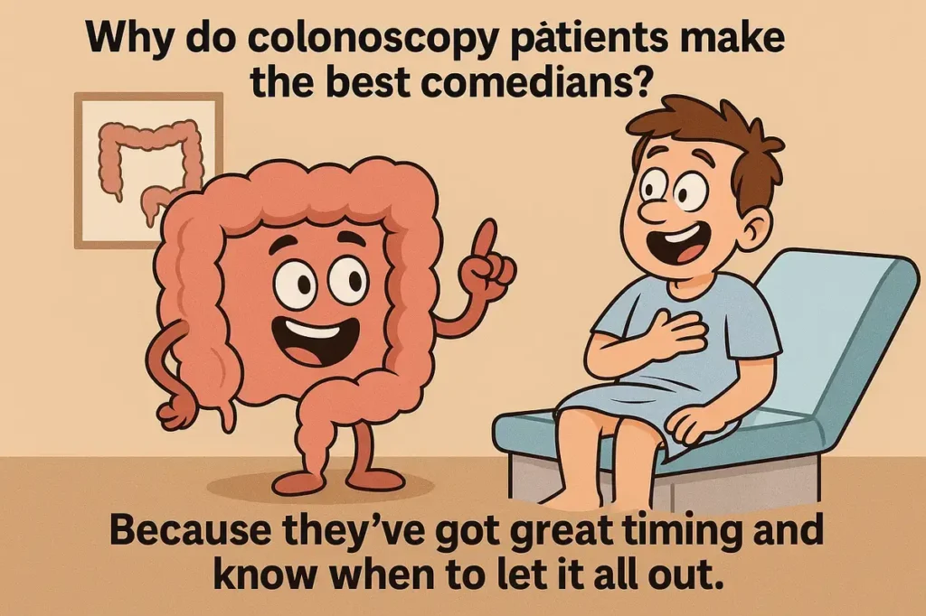 funny colonoscopy jokes cartoon with patient and animated colon