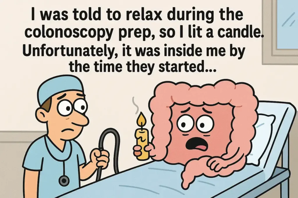 cartoon colonoscopy joke character with candle mishap