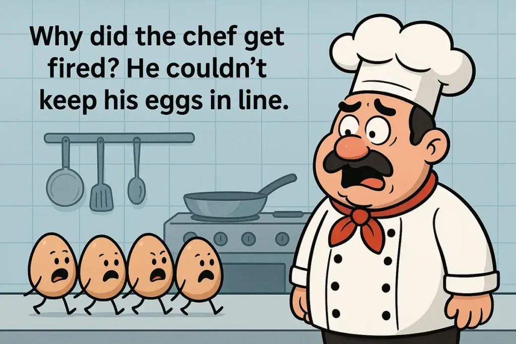Cartoon chef with eggs out of line