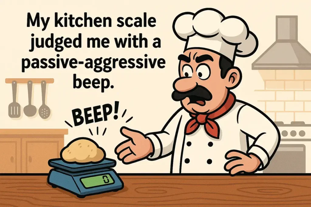 Angry cartoon chef reacts to beeping kitchen scale
